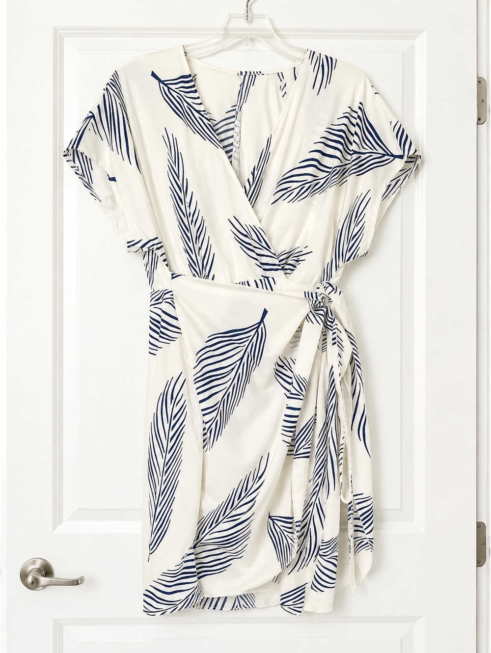 SHEIN blue and white leaf pattern wrap dress